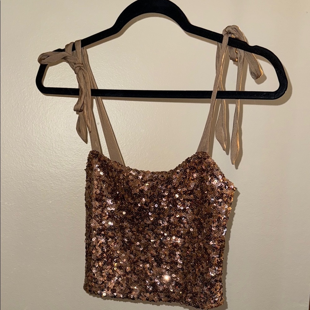 Free People Copper/Rosy Gold Sequin Tie Front Crop Tank Top